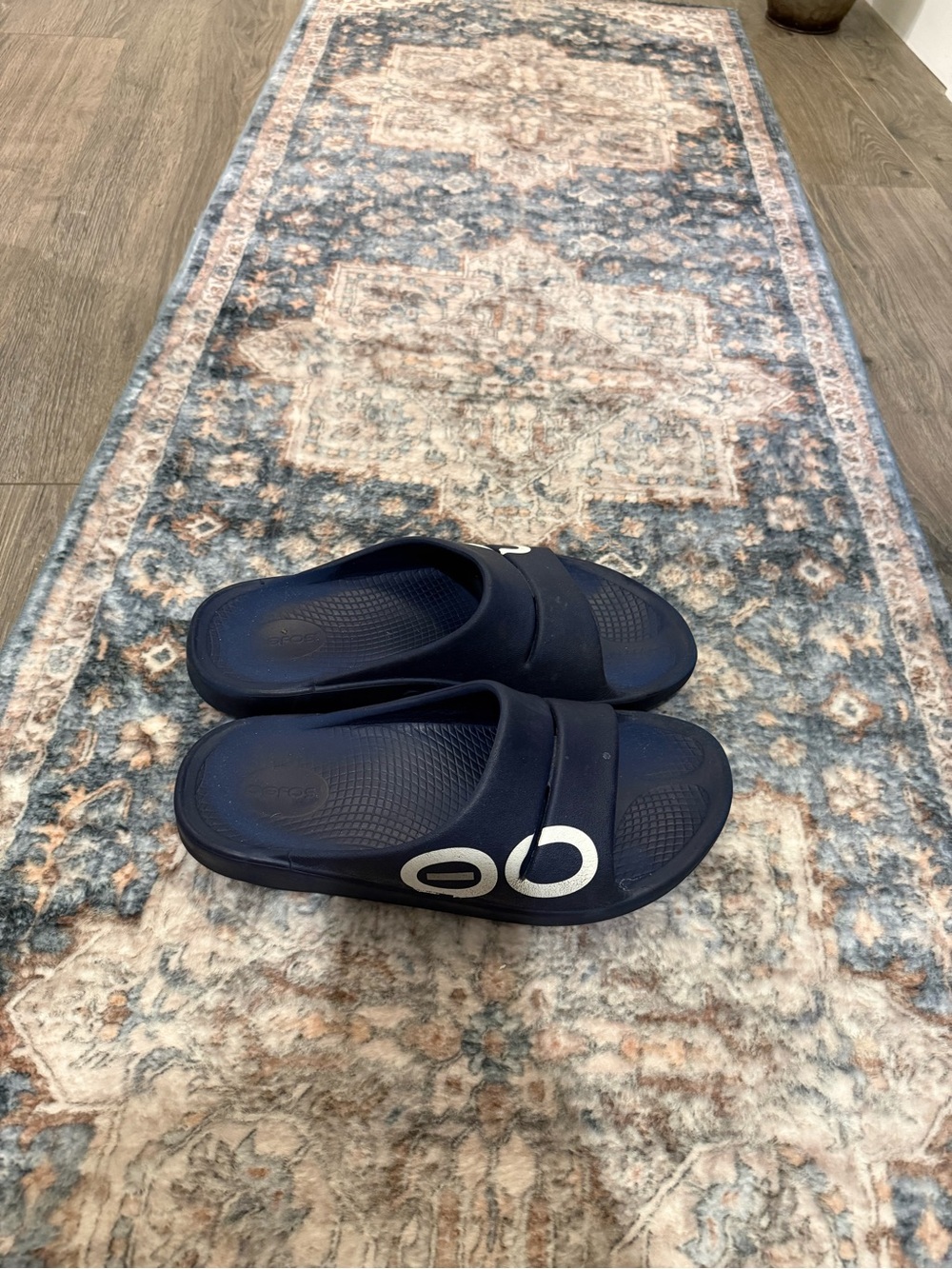 OOFOS Navy Blue Slide Sandals with White Logo